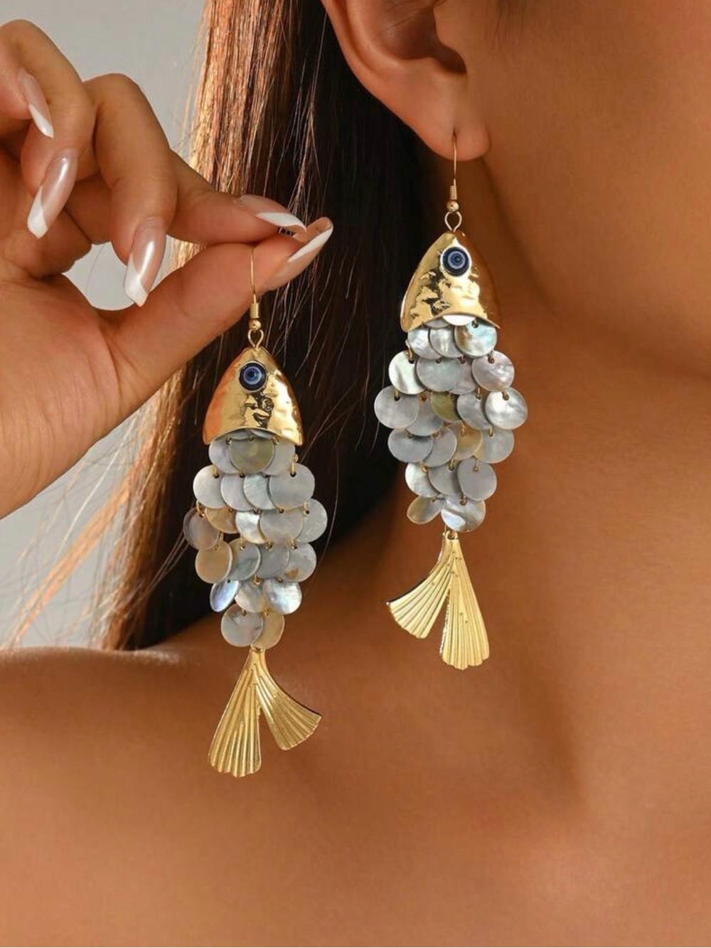 Statement Fish Earrings Gold Tone Shell Disc Dangle Earrings